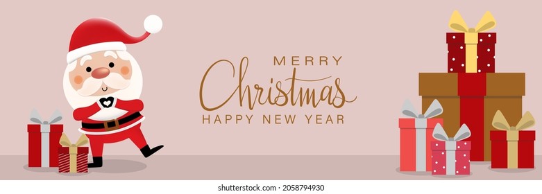 Merry Christmas and happy new year greeting card with cute Santa Claus and gift. Holiday cartoon character in winter season. -Vector