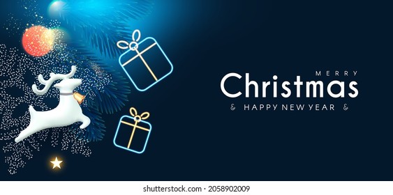 Merry Christmas and Happy New Year Holiday background with jumping deer, neon gift box, fir tree branch, bokeh effect and lights.