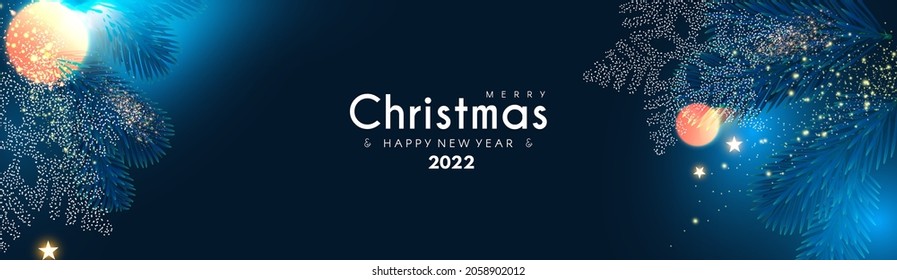 Merry Christmas and Happy New Year Holiday background with fir tree branches, bokeh effect and lights.