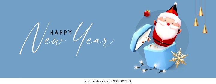 Merry Christmas and Happy New Year soft blue 3D design with cute Santa and gifts.
