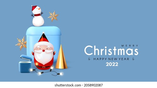 Merry Christmas and Happy New Year soft blue 3D design with cute Santa, snowman, gift boxes, light garland, minimal fir tree and snowflakes