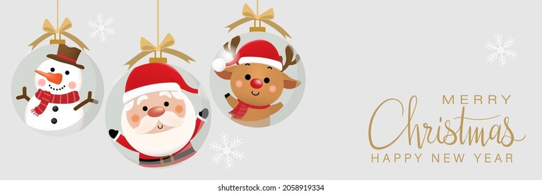 Feliz Navidad y feliz tarjeta de saludo de año nuevo con el lindo Santa Claus, hombre de nieve y ciervo. Caricatura de vacaciones en invierno. -Vector