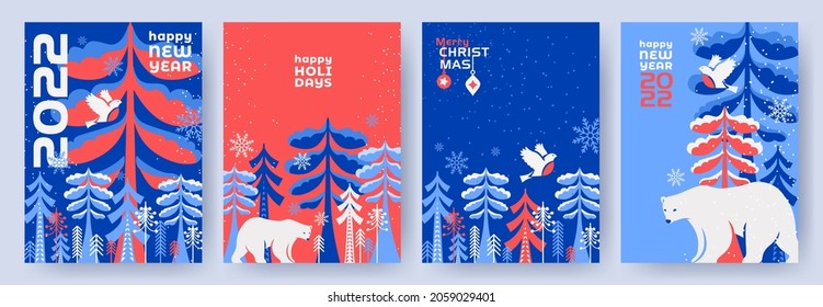 Merry Christmas and Happy New Year Set of greeting cards, posters, holiday covers. Modern Xmas design in blue, red and white colors. Winter landscape with snow fairy forest,  white bear and bullfinch