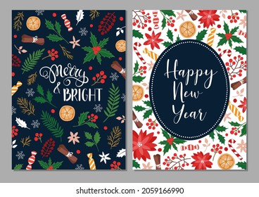 Merry Christmas and Happy New Year cards and invitations set with hand drawn elements. Holiday card with place for text. Floral frames and backgrounds. Vector illustration.