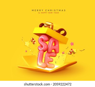 Merry Christmas and Happy New Year. Background with realistic 3d yellow open gifts box. Xmas sale present. Holiday decorative boxes. Festive gift surprise. Golden glitter confetti. Vector illustration