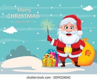 Merry Christmas and Happy New Year greeting card. Cheerful Santa Claus holding magic wand and sack with presents