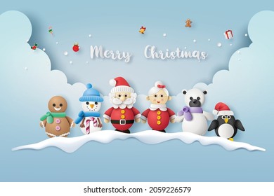 Merry Christmas and Happy and happy new year. Santa Claus, Snowman,and penguin . paper cat style.