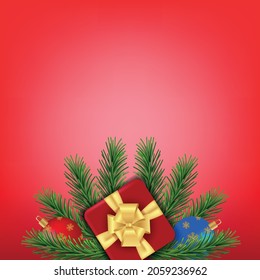 Merry Christmas and Happy New Year. illustration of red banner with gift box and pine leaves