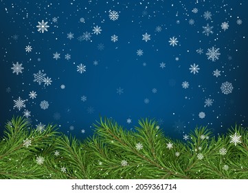 Merry Christmas and Happy New Year Greeting Card. Christmas tree branches on blue background with white falling snowflakes. Holiday decoration elements. Vector illustration