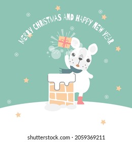 merry christmas and happy new year with cute french bulldog pug  and gift box present and chimney in the winter season green background, flat vector illustration cartoon character costume design