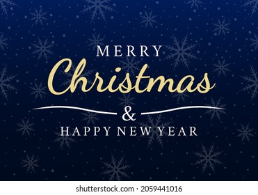 Merry Christmas and Happy New Year text design with snowflake background or banner. Xmas greeting card template. Vector illustration.