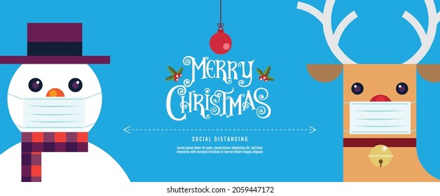 Merry Christmas and Happy new year, New normal, cartoon character , social distance