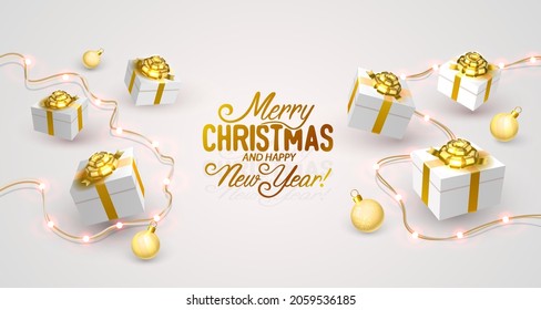 Merry Christmas Happy New Year tree with toys, card banner. Vector illustration