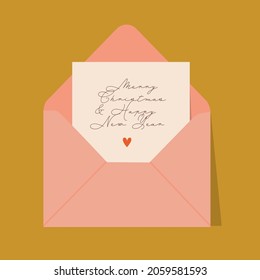 Merry Christmas and Happy New Year Greeting Card in an Envelope. Vector hand drawn illustration in flat style. 