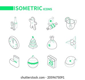 Merry Christmas and Happy New Year - modern line isometric icon set. Holiday celebration symbols. Gingerbread man, sugar cane, clock, decorated tree, mistletoe, calendar, stocking, ball images