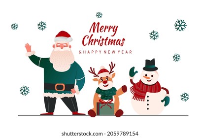 Merry Christmas and happy new year postcard with Santa Claus standing near deer and snowman on white background. Holiday templates for winter season celebration. Flat cartoon vector illustration