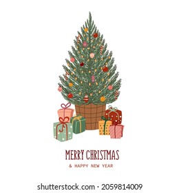 Merry Christmas and Happy New Year wish decorated with a Christmas tree and boxes with gifts.