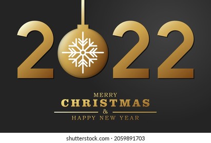 Merry Christmas and happy new year illustration template. 2022 papercut number with snowflake in a glass bauble. Black and golden vector design for greeting card or holiday banner.