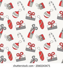 Merry Christmas and Happy New Year. Vector seamless pattern. Christmas toys and gifts in gray and red colors. Doodle style illustration for fabric, cards, wrapping paper