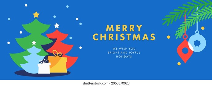 Merry Christmas and Happy New Year web banner, greeting card, horizontal poster, holiday cover. Modern Xmas design in flat style with Christmas tree, balls, fir branches and gifts on blue background