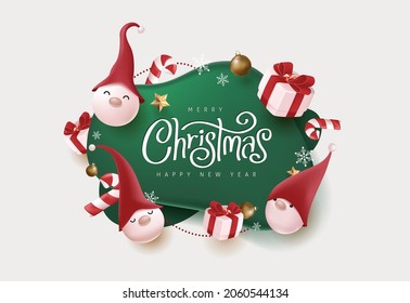 Merry Christmas and happy new year banner with cute gnome and festive decoration for christmas