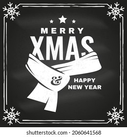Merry Christmas and Happy New Year stamp, sticker with Santa Claus winter scarf. Vector on the chalkboard. Vintage typography design for xmas, new year 2022 emblem in retro style Santa Claus red scarf