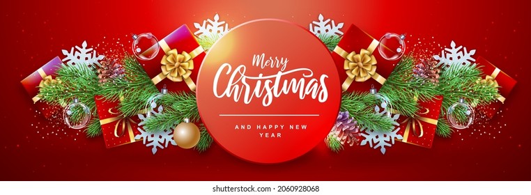 Merry Christmas and Happy New Year greeting card. Christmas holiday background with fir tree, snowflakes, glass balls, gift boxes and stars
