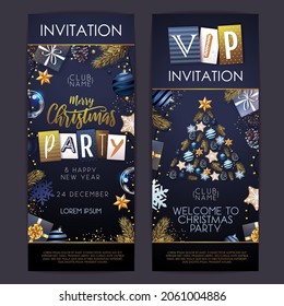 Merry Christmas and Happy New Year greeting card. Christmas holiday invitation with fir tree, snowflakes, glass balls, pine cones and stars
