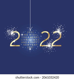 Merry Christmas and Happy New Year 2022 shining christmas ball firework gold blue greeting card vector
