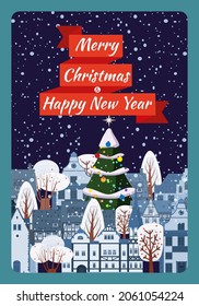 Merry Christmas and Happy New Year poster, winter old town cityscape. Urban lansdcape greeting card. Vector illustration cartoon flat style