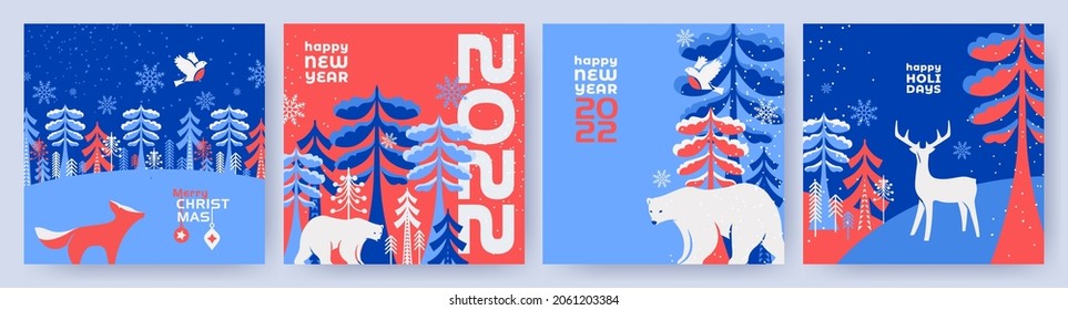 Merry Christmas and Happy New Year Set of greeting cards, posters, holiday covers. Modern Xmas design in blue, red, white colors. Winter landscape with fairy forest, white bear, deer, bullfinch, fox