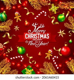 Merry Christmas Happy New Year tree with toys, card banner. Vector illustration