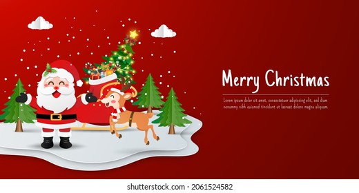 Merry Christmas and Happy New Year, Christmas banner postcard of Santa Claus and reindeer with sleigh in pine forest