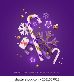 Merry Christmas and Happy new year. Realistic 3d Xmas decorative ornate objects, snowflake and cane candy, stars. Holiday sale label. Creative festive composition. Purple color. Vector illustration