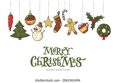 Merry Christmas and happy new year typography quote decorated with hand drawn doodles on white background. Good for posters, cards, prints, invitations, templates, banners, etc. EPS 10