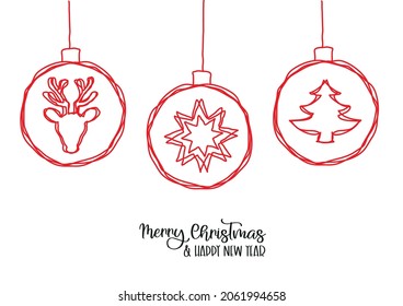 Merry Christmas   Happy New Year lettering template  Greeting card invitation and Christmas bauble   Christmas symbols  Winter holidays   Vector vintage illustration  Red color white backgroun