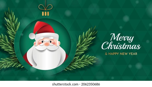 Merry Christmas and Happy New Year. Christmas greeting card with Santa, Christmas tree toy and branches of a Christmas tree on the green background.