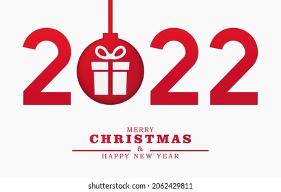 Merry Christmas and happy new year illustration template. 2022 papercut number with gift box in a glass bauble. Vector design for greeting card or holiday banner.