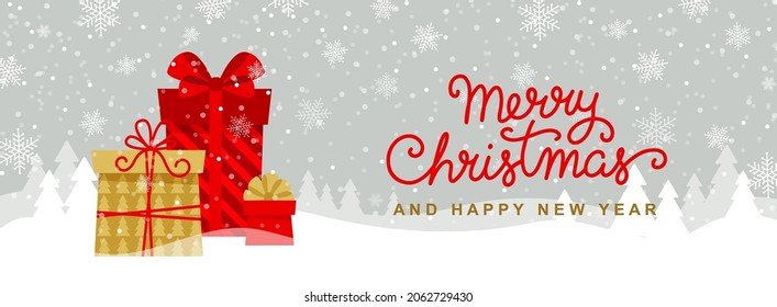 Merry Christmas and Happy New Year horizontal banner. Abstract landscape, gift boxes, snow, snowfall, snowflakes. Vector illustration