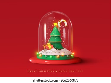 Merry Christmas and Happy New Year. Christmas winter snow glass ball, transparent dome. Realistic 3d design Xmas green tree in snow, gift box, candy cane, decoration light garland. Vector illustration