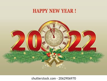 Merry Christmas and Happy New Year 2022. Festive background with numbers 2022 and clock on the background of fir branches with bells, Christmas card with decoration, vector illustration.