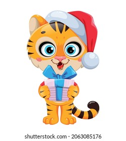 Merry Christmas and Happy New Year. Cute cartoon character tiger in Santa hat holding gift box