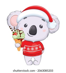 Merry Christmas and Happy New Year. Funny koala in Santa hat and red sweater holding ice-cream