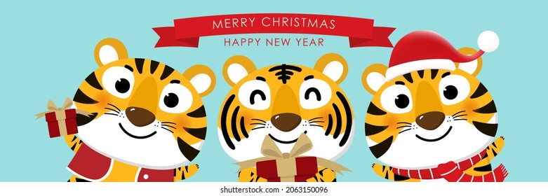 Merry Christmas and happy new year 2022. The year of tiger. Cute animal wear red winter costume. Holidays cartoon character. -Vector