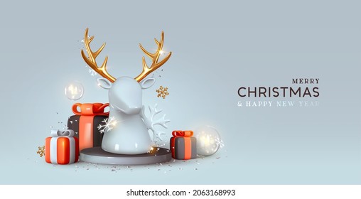 Merry Christmas and Happy New Year. Realistic 3d design, round podium at studio stands a deer head, gift boxes in black red color. Xmas background holiday winter composition. Vector illustration