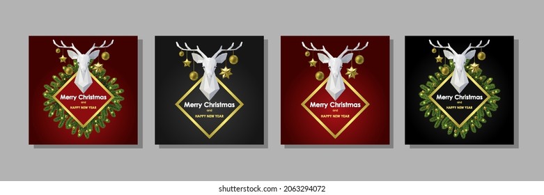 Merry Christmas and Happy New Year Cards set with Polygonal Deer Head