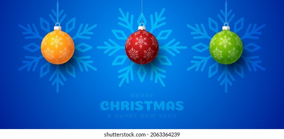 Merry christmas and happy new year banner. Vector illustration card with red christmas tree ball on luxury snowflake green background with modern lettering