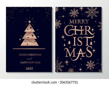 Merry Christmas and Happy New Year party invitation. Luxury Xmas design for social media,banner, invitation, party, business with rose gold linear elements. Trendy Xmas template vector illustration.