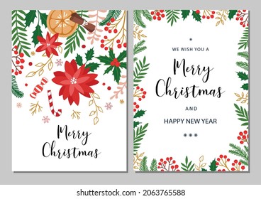 Merry Christmas and Happy New Year cards set with hand drawn elements. Holiday card with place for text. Floral frames and backgrounds. Vector illustration.