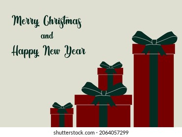 Merry Christmas and Happy New Year. Postcard with a gift and congratulatory text. Poster, background, postcard, invitation. Vector flat illustration